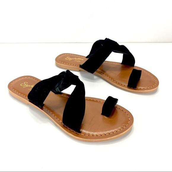 Seychelles Flat Slide Sandal Size 6.5 Black Leather Ring-Toe Padded Footbed New - Picture 3 of 16